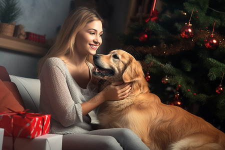 蹲在树下的女孩女子与金毛犬座在圣诞树下背景