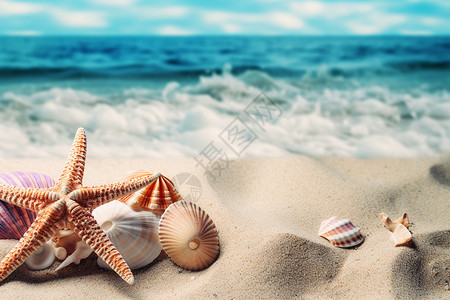 海滩贝壳岛屿上收集的海星贝壳背景