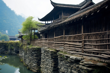 河流边复古的建筑背景图片