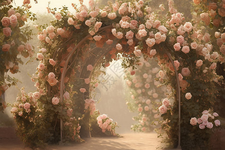 粉色玫瑰鲜花玫瑰拱门插画插画