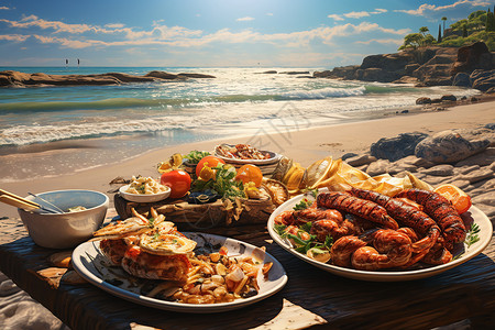 沙滩上美味烧烤盛宴背景图片