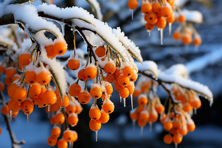 果实冬季冰雪中的海棠果实背景