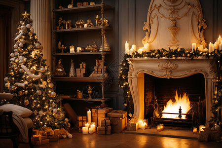 圣诞树与炉边烛光背景图片
