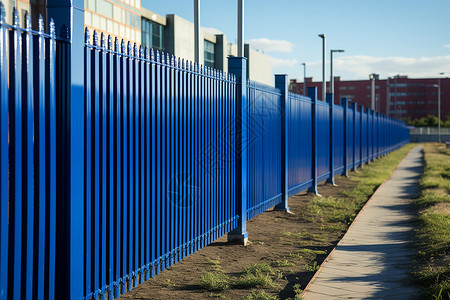 蓝色栅栏旁有一条人行道高清图片