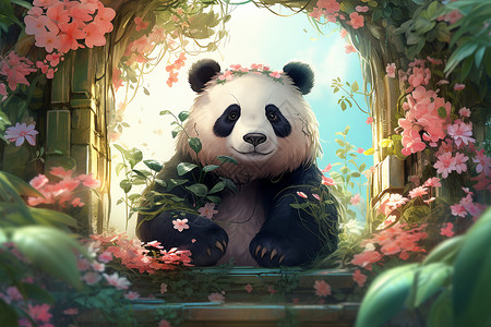 石门里的熊猫背景图片