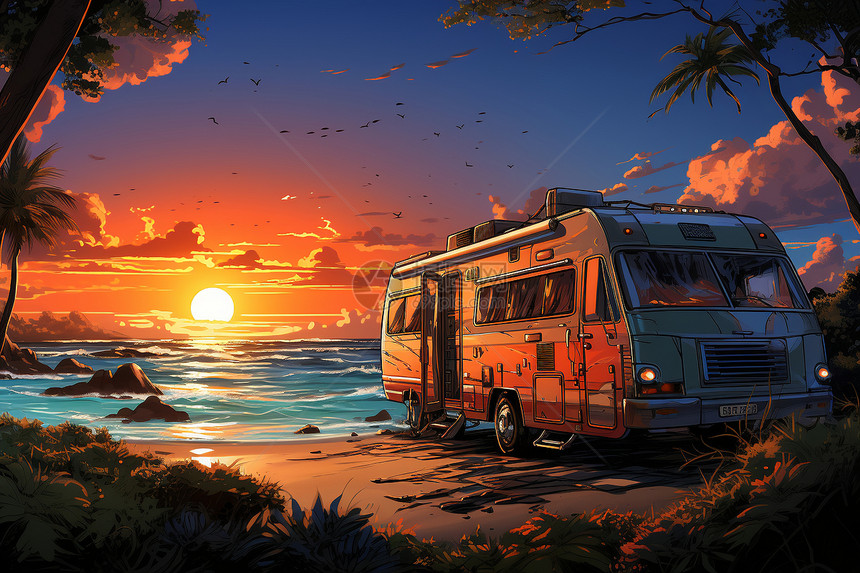 日落时分一辆豪华房车停在沙滩上图片