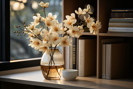 窗台上书架旁的花瓶图片