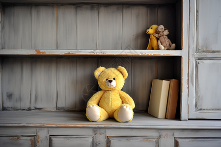 老式书柜摆放在破旧木柜上的玩具熊背景