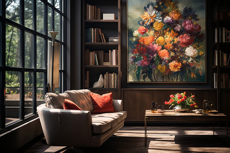 客厅书架上的花卉挂画背景图片