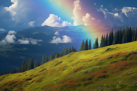 森林彩虹彩虹丘陵背景