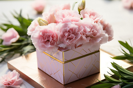粉色花束在粉色礼盒中图片