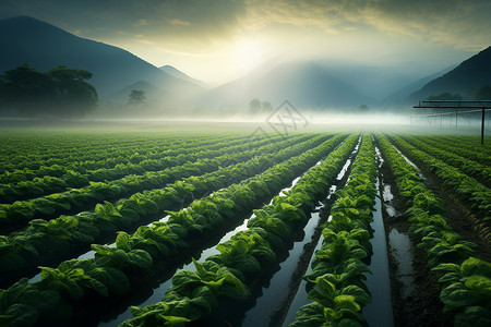 迷雾笼罩的农田景观图片