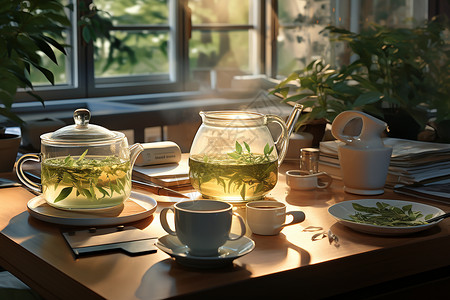 桌面上现代的中式茶具背景图片
