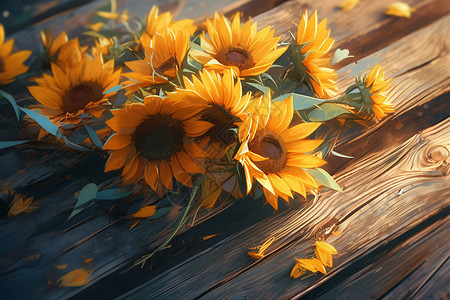 木长椅木桌上的太阳花插画