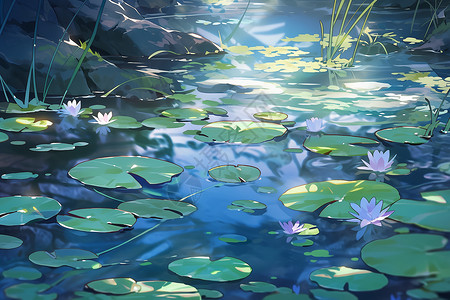 水百合荷叶池塘的睡莲插画