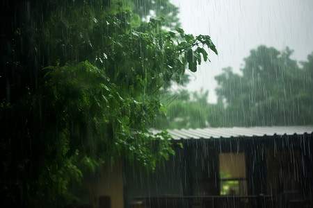 雨中的树屋绣球在雨中湿润高清图片