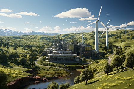 蓝河一座风力发电机在蓝天下设计图片