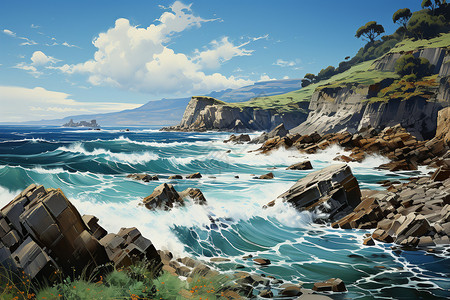 岩石峭壁岩石海岸的宁静-崎岖的海岸峭壁与冲击的浪潮如莫奈所描绘的插画