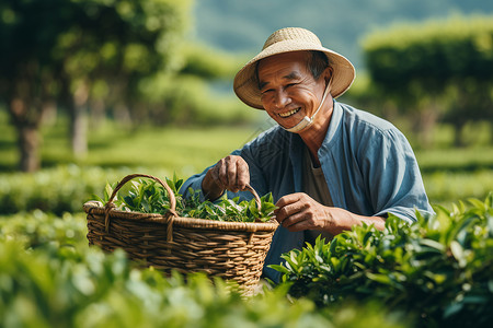 茶农手持竹篮在茶园中采摘茶叶图片