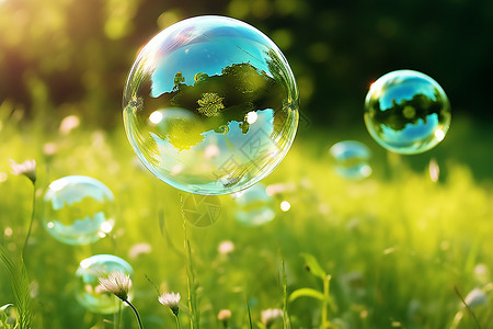 草地上透明的泡泡图片