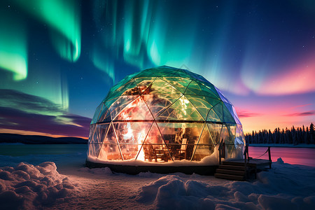 冰地极光下的玻璃屋设计图片