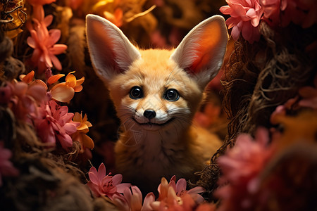 粉色花朵中的狐狸背景图片