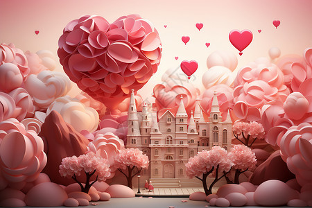 粉色花朵围绕的城堡背景图片
