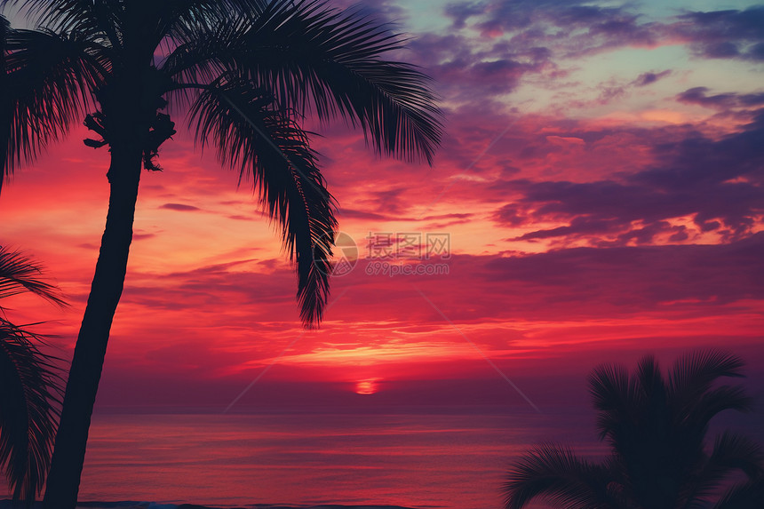 夕阳下美观的棕榈树图片