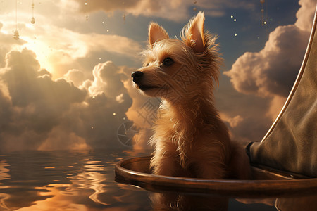 小狗坐在一艘小船上背景图片