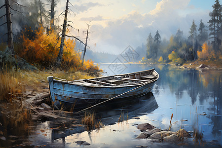 河边一艘渔船背景图片