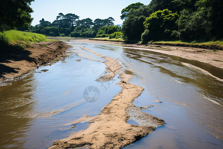 泥沙堆积潺潺溪流阳光映照背景