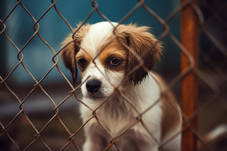 狗狗透过栅栏向外张望高清图片