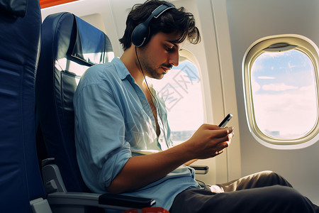 男人坐在飞机上戴着耳机背景图片