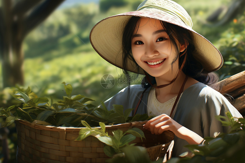 幸福努力的女茶农图片