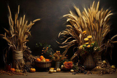 桌子上的麦穗与丝带花朵背景图片