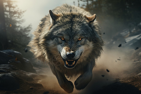 林间奔跑的灰狼高清图片