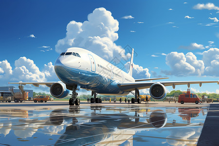 福冈机场和客机庞大喷气式客机插画