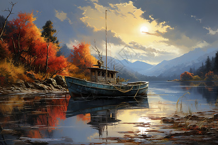 湖边的渔船图片