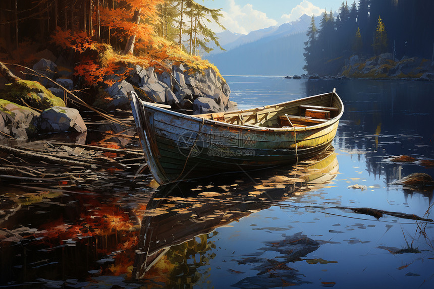 湖边的渔船的油画图片