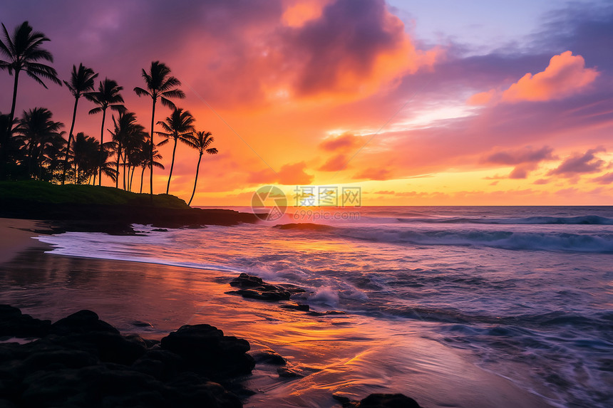 热带海滩上的日落图片