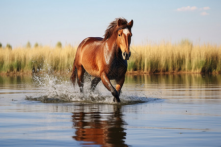 湖水间的野马背景图片
