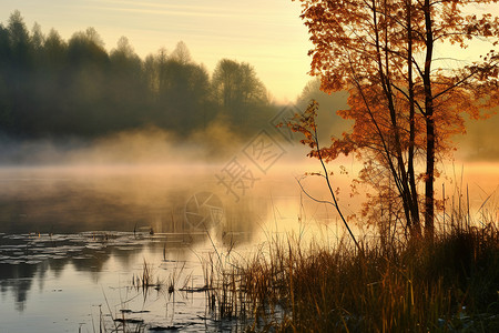 秋日朦胧湖景背景图片