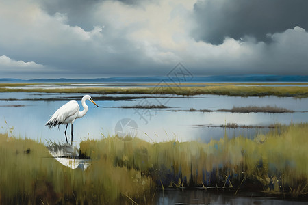 湿地中站立的白鹭背景图片