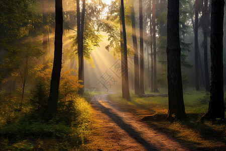 阳光穿过树林背景图片