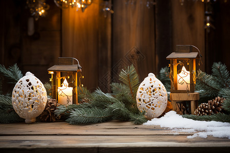 木桌上的圣诞蜡烛和树枝背景图片