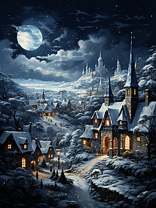冬日夜晚中的宁静村庄背景图片