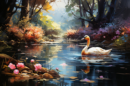 河中童话般的天鹅背景图片