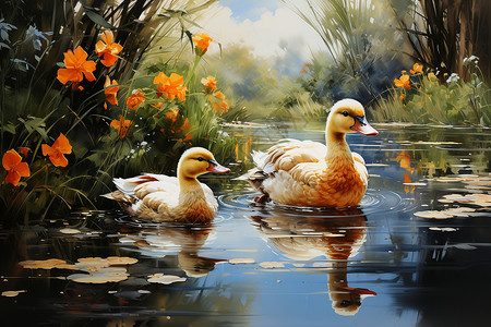 河中觅食的鸭子插图背景图片