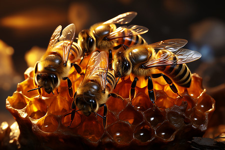 酿造的蜂巢中的蜜蜂特写镜头设计图片