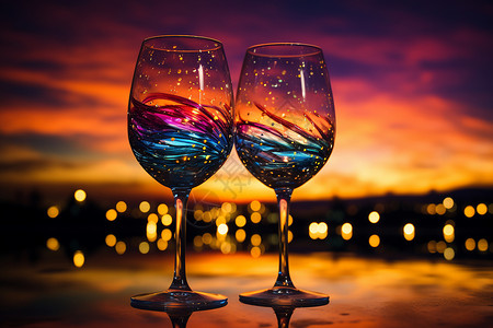 夕阳下炫彩的高脚杯背景图片